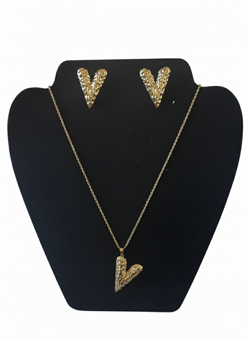 Ensemble Bijoux "Cœur Martelé" – Collier et Boucles d'Oreilles en Or ✨