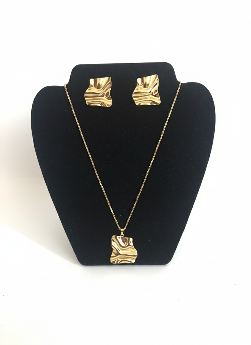 Ensemble Bijoux "Abstrait Doré" – Collier et Boucles d'Oreilles aux Formes Ondulées ✨