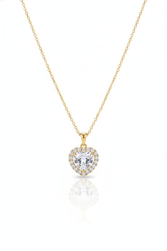 Collier Doré avec Pendentif Cœur en Cristal et Halo de Brillants